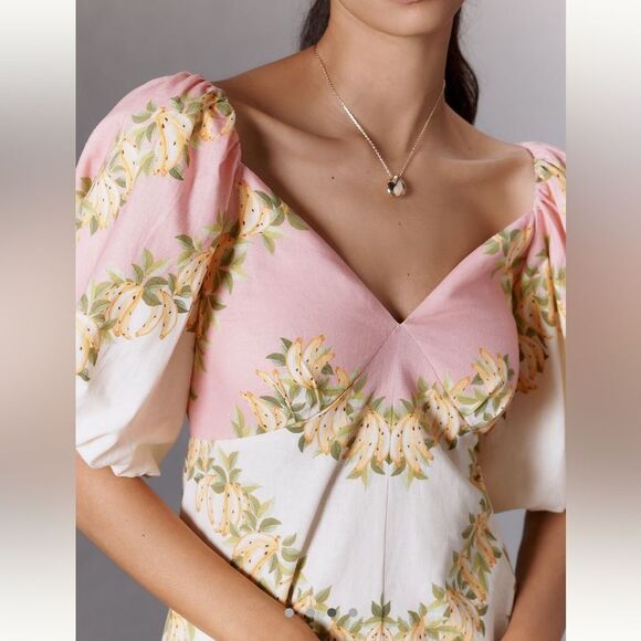 FARM Rio X Anthropologie V-Neck Puff Sleeve Linen Blend Romper - Picture 3 of 4